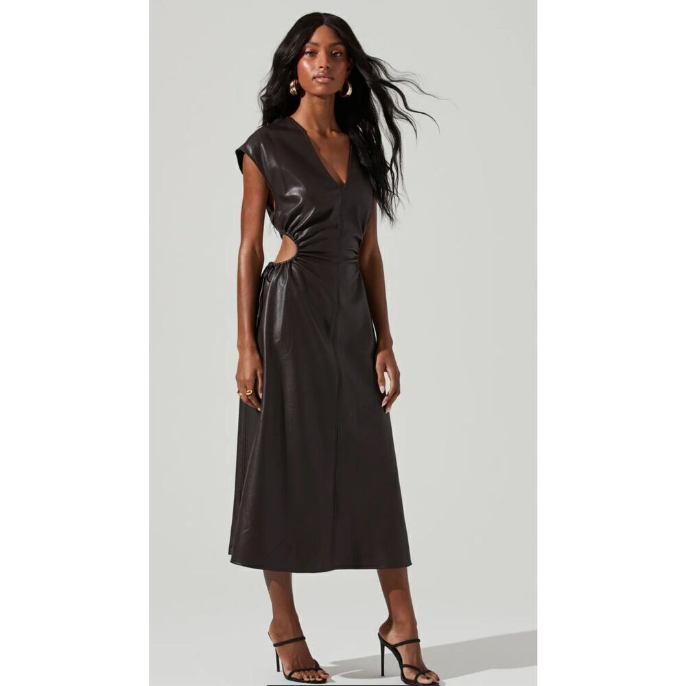 NWT ASTR The Label - Miranda Faux Leather Cutout Midi Dress in Brown (Size S)